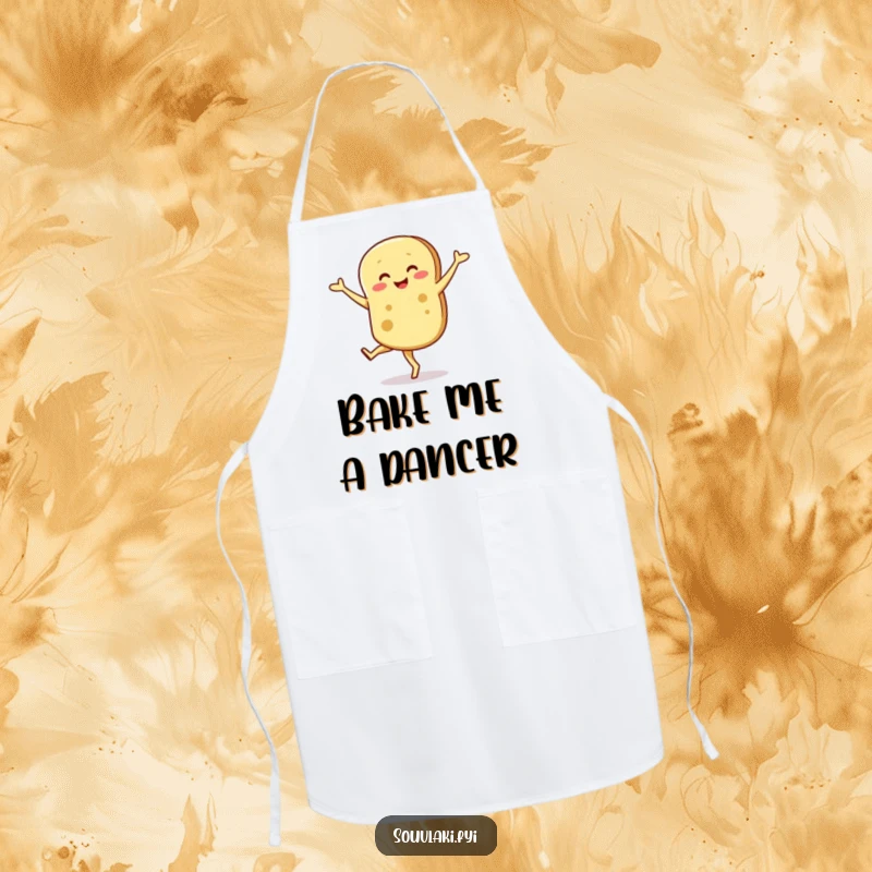 Funny apron showcasing a smiling pita bread character performing a charmingly wobbly pirouette while cooking.