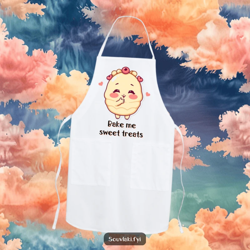 Funny blushing baklava pastry character blowing a kiss on a practical apron, perfect for bakers who enjoy cute and humorous kitchenware.