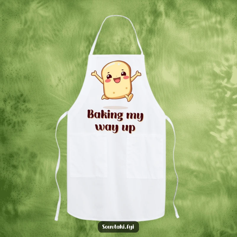 Funny pita bread apron showing a smiling character in a joyful leap, bringing humor and happiness to meal preparation.