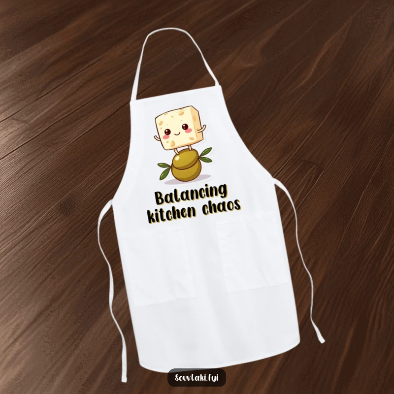 Funny feta cheese apron showing a cheerful cube character attempting to balance on an olive, bringing humor to cooking tasks.