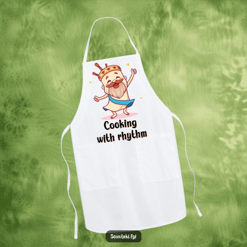 Funny apron with a souvlaki dancing the sirtaki, designed for chefs who love to cook and celebrate.