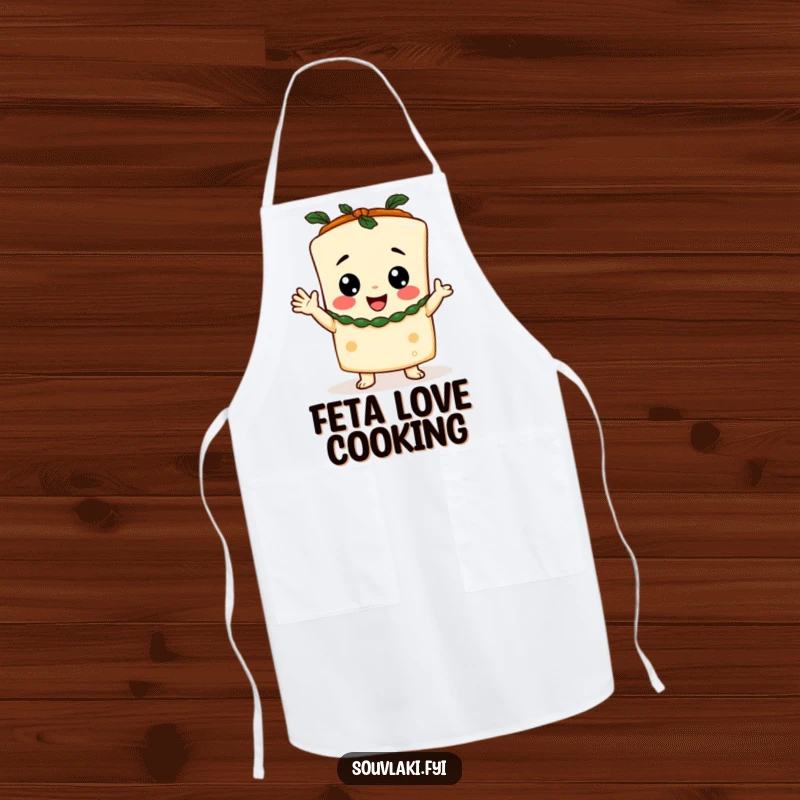 Funny Apron showcasing a happy feta cheese character in a toga, ready to cook and cheer with gusto.