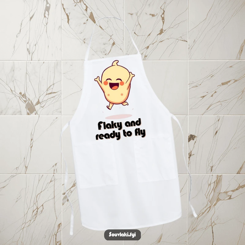 Funny Spanakopita Apron: A laughing spanakopita character performs a dramatic leap, bringing energetic humor to kitchen tasks.