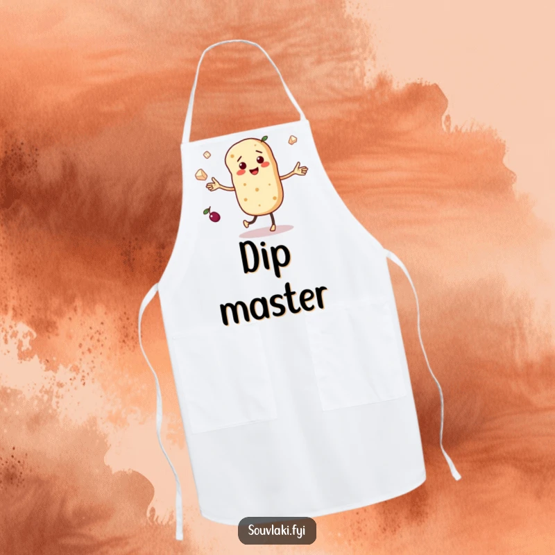 Funny apron featuring a dancing pita bread character with tiny arms, juggling miniature olives and feta cheese, ideal for cheerful cooking.