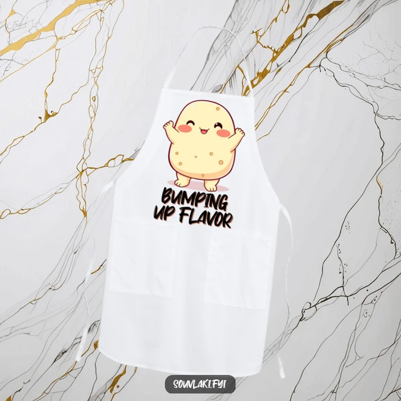 Funny chubby feta cheese character chest bumping, wearing a proud apron.