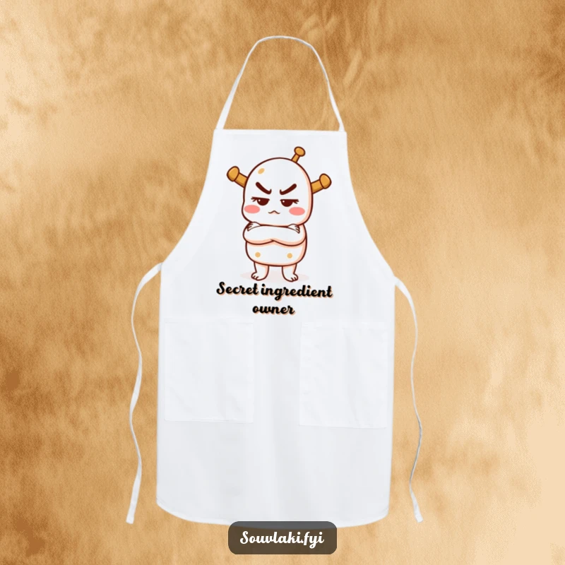 Funny apron with a souvlaki character crossing arms, looking mischievous, perfect for kitchen protection and adding a humorous attitude.