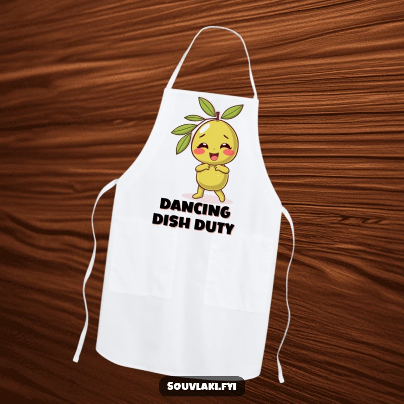 Funny olive apron showing a giggling character performing a silly dance, bringing humor and energy to kitchen activities.
