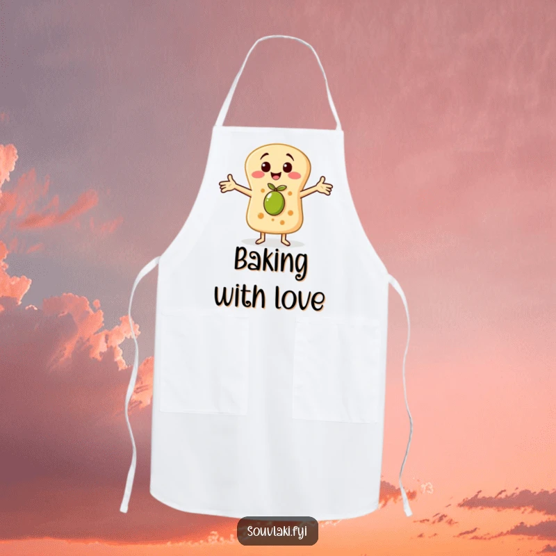 Funny apron with a cheerful pita bread character embracing a tiny olive, ideal for adding heartwarming food themes to cooking.