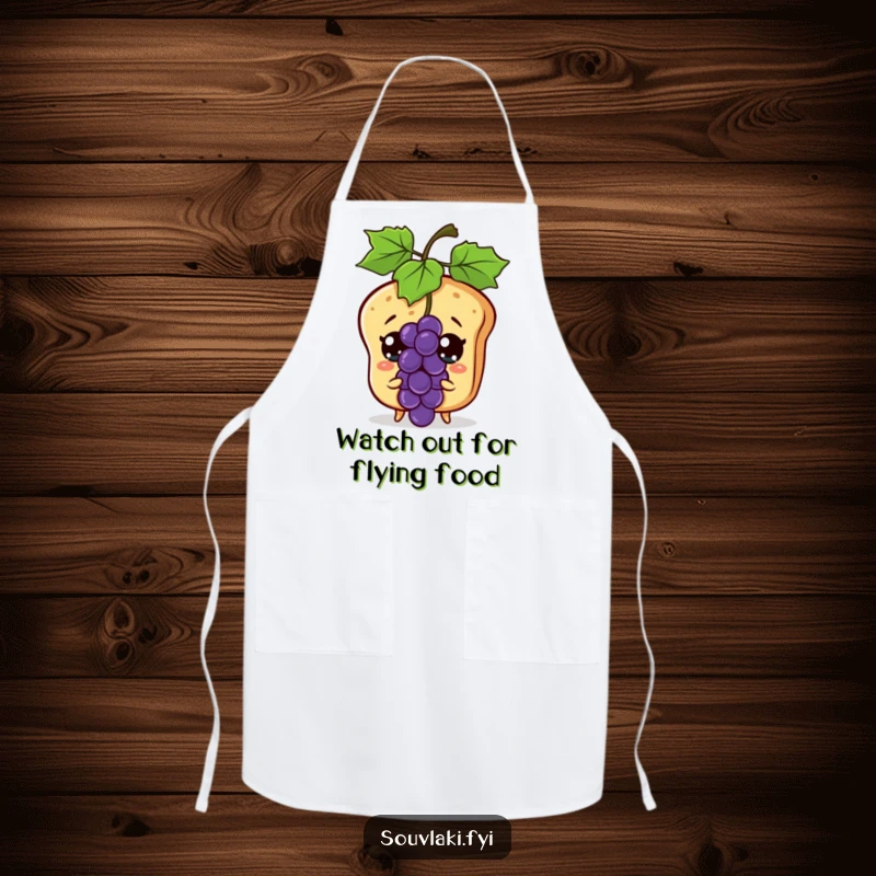 Funny pita bread character surprised by a flying grape, printed on a functional and humorous apron.