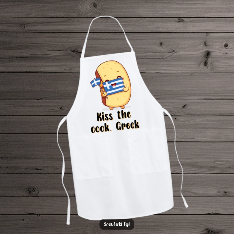 Funny Apron: A souvlaki embraces a miniature Greek flag, bringing humorous patriotism to kitchen tasks.