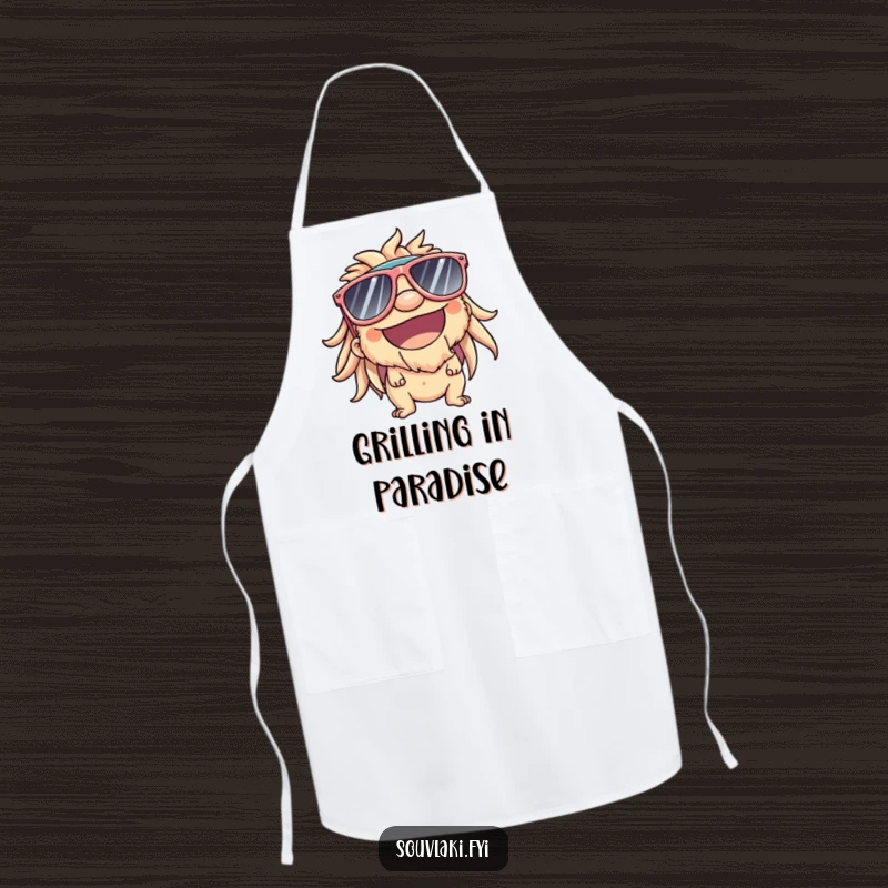 Funny Apron: Souvlaki character wearing sunglasses, big smile, comically enjoying sunny kitchen vibes.