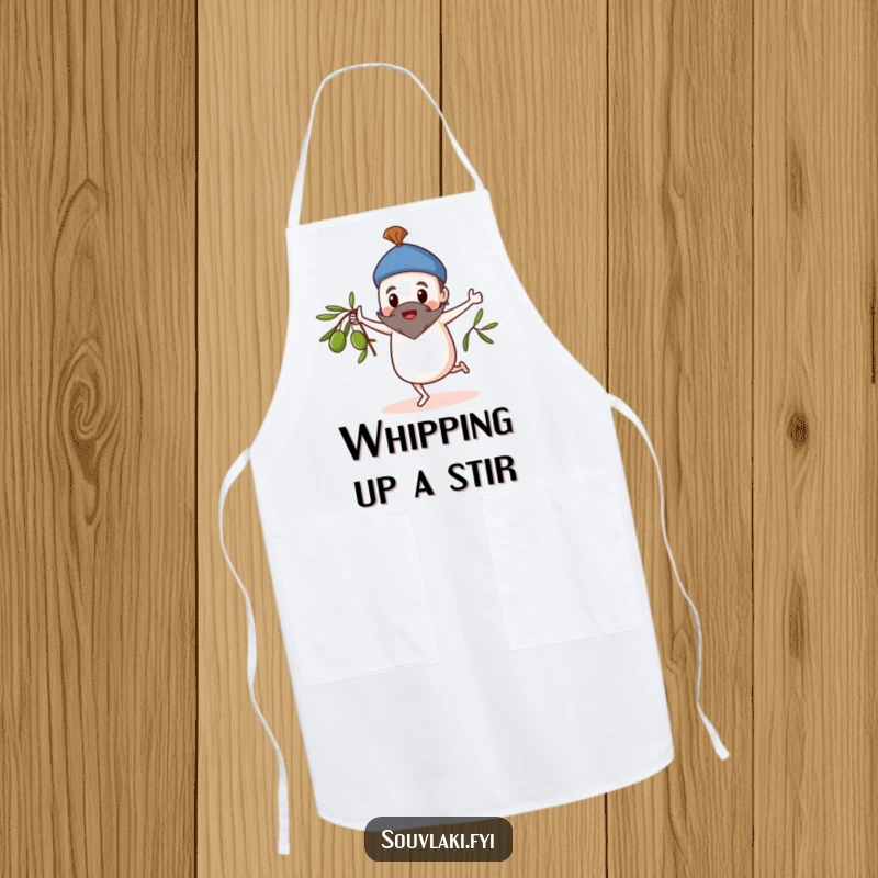 Funny Apron: Souvlaki character doing a whimsical dance, spinning an olive branch while apron-clad.