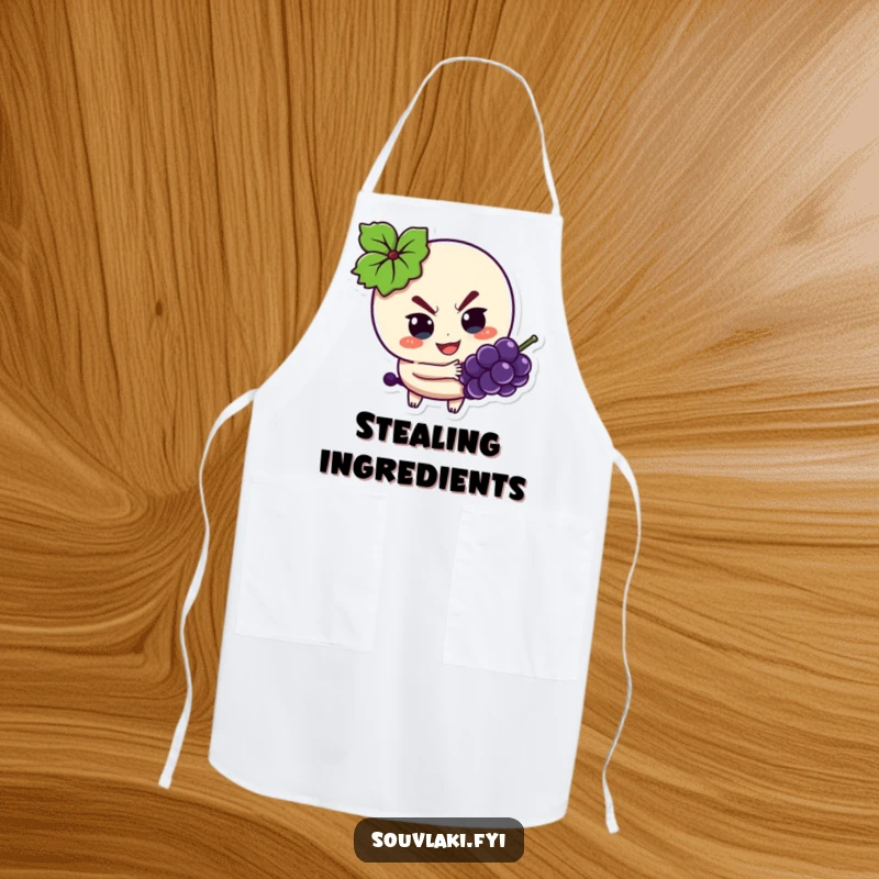 Funny Apron: Souvlaki character with a mischievous look, sneakily reaching for a grape while cooking.