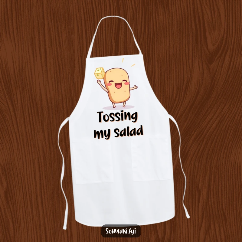 Funny souvlaki character apron playfully tossing a feta cube, perfect for a humorous and flavorful cooking experience.