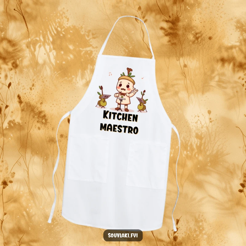Funny apron showcasing a souvlaki character conducting a tiny orchestra of olives playing instruments.