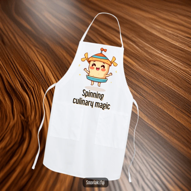 Funny apron showing a souvlaki mastering a miniature gyros, designed for chefs with a humorous touch.