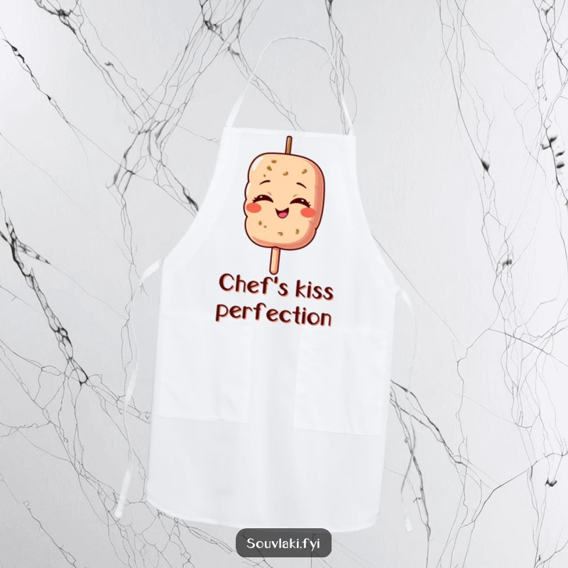 Funny apron depicting a souvlaki skewer character with eyes closed, beaming with proud accomplishment.