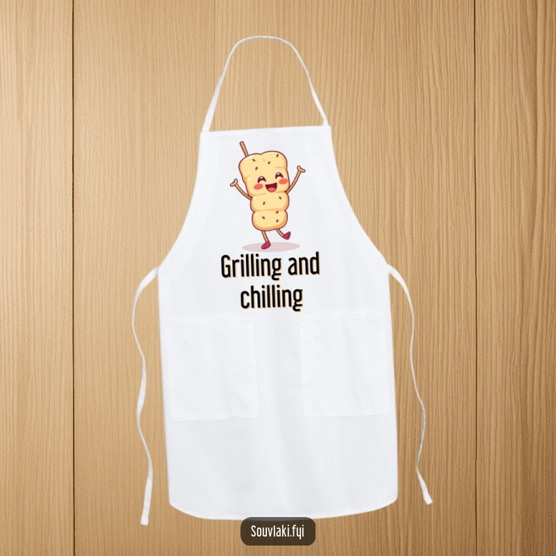 Funny apron with a smiling souvlaki skewer character doing a joyful jig, ideal for adding food-themed fun to cooking.