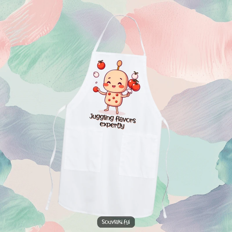 Funny Apron: A souvlaki skewer character juggles vegetables while cooking. Humorous and practical.
