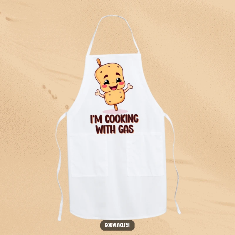 Funny souvlaki skewer apron with a smiling chef character giving a proud wink, a humorous kitchen accessory funny gift.