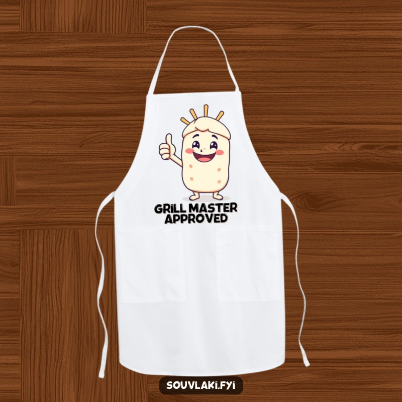 Funny apron showcasing a happy souvlaki skewer character giving a vigorous thumbs-up, ready to cook.
