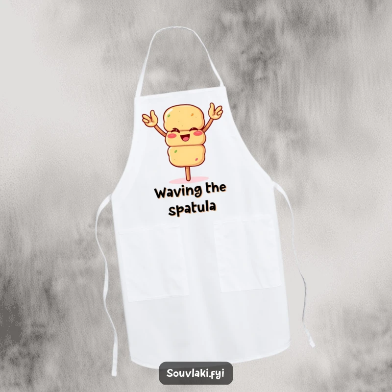Funny winking souvlaki skewer waving arms enthusiastically on a kitchen apron. A practical and amusing accessory for grillers, ideal for a funny gift.