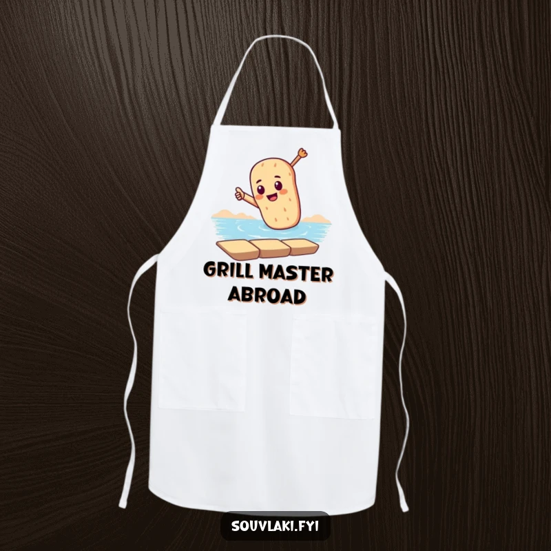 Funny apron with a souvlaki character dramatically pointing towards the sea, perfect for kitchen protection and adding a humorous coastal theme.