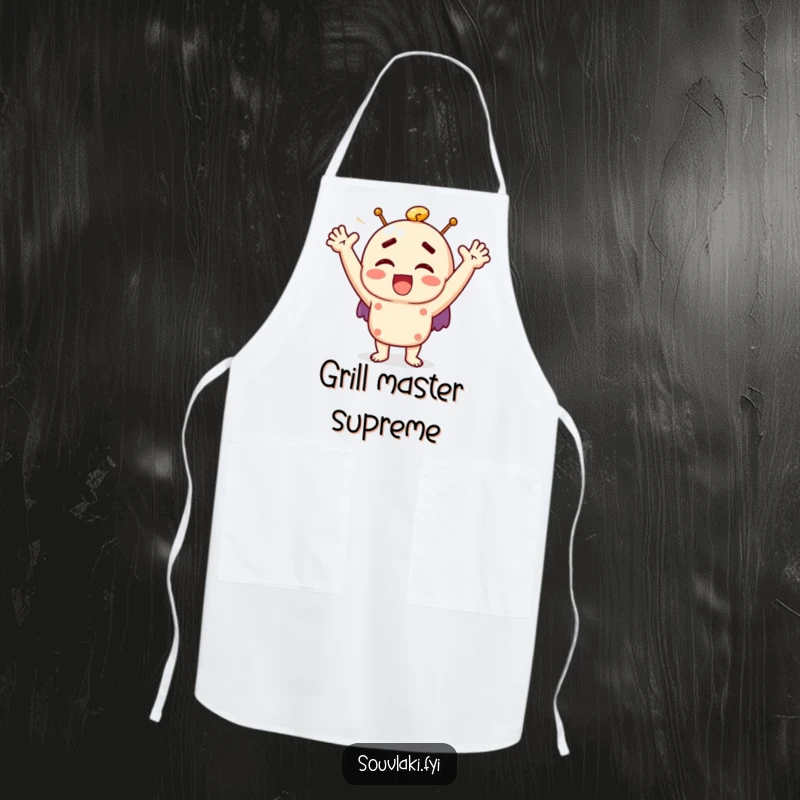 Funny souvlaki apron showing a character joyfully exclaiming with raised arms, ideal for a fun cooking experience.