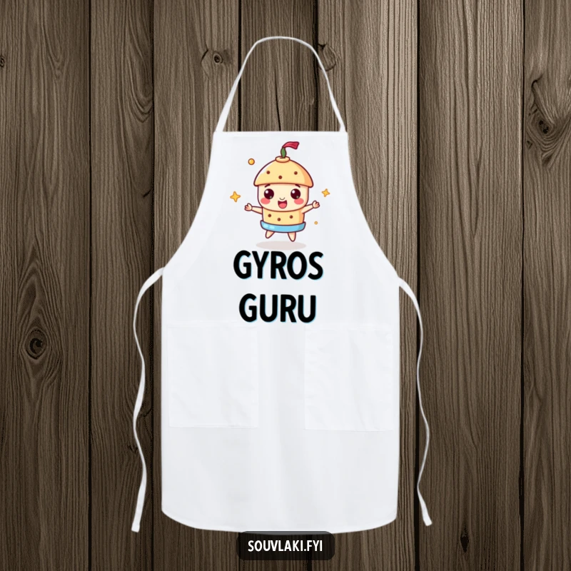 Funny Souvlaki Apron with a cheerful souvlaki spinning a miniature gyros, a humorous and functional kitchen accessory.