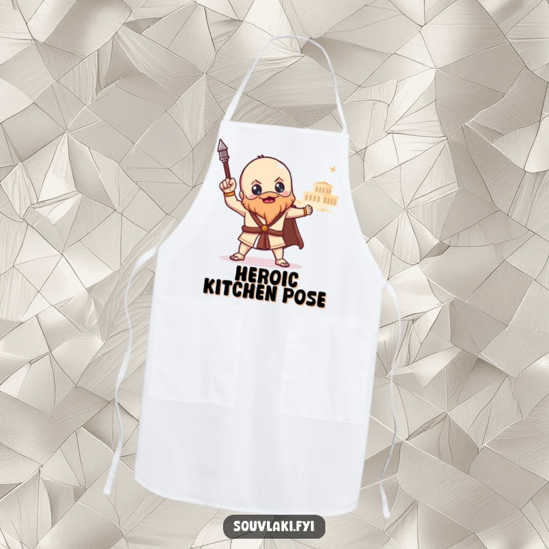 Funny souvlaki apron featuring a proud Greek food character posing heroically with a distant temple, adding epic humor to kitchen activities.