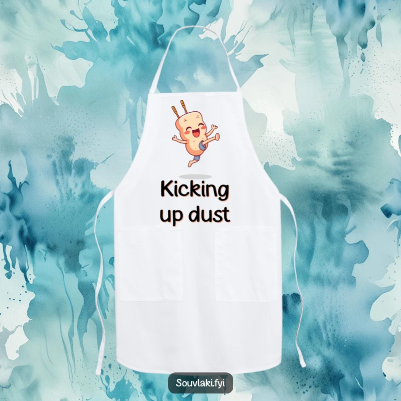 Funny souvlaki skewer character performing a high kick while wearing an apron.