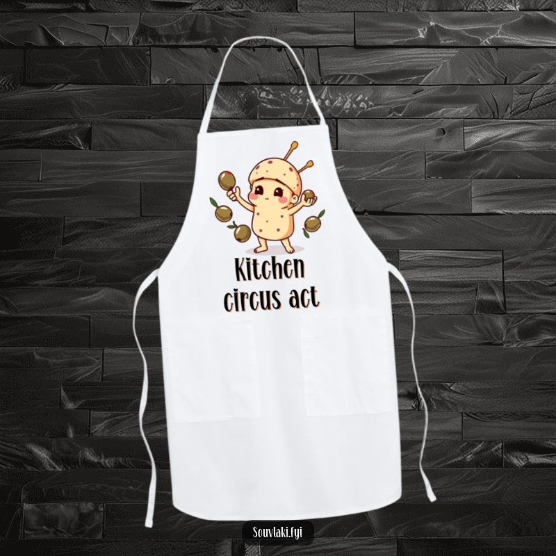 Funny apron with a souvlaki comically juggling olives, perfect for kitchen protection and adding a humorous culinary theme.