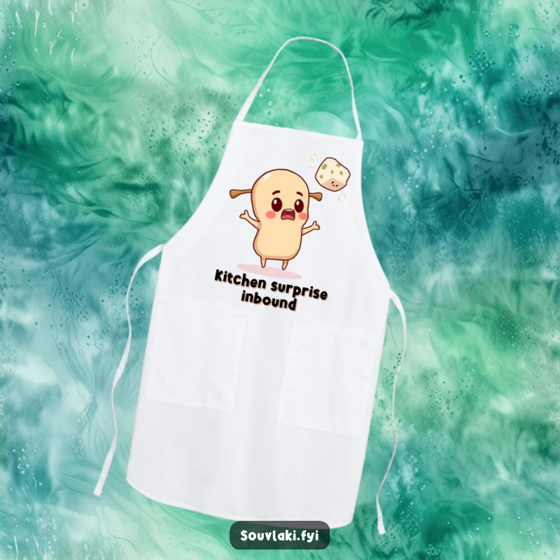 Funny Apron: Souvlaki character comically surprised by a flying feta cube during cooking.