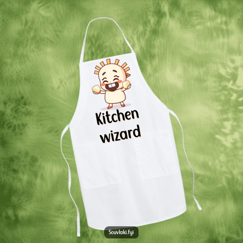 Funny Apron showing a grinning souvlaki character juggling small cubes of feta cheese, ready for culinary challenges.