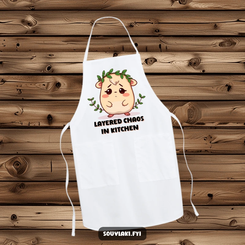 Funny Moussaka Apron: A confused moussaka character attempts to wear a small laurel wreath while cooking, adding humor to the kitchen.