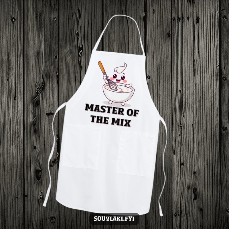 Funny delighted whisk character happily stirring tzatziki, printed on a durable kitchen apron.