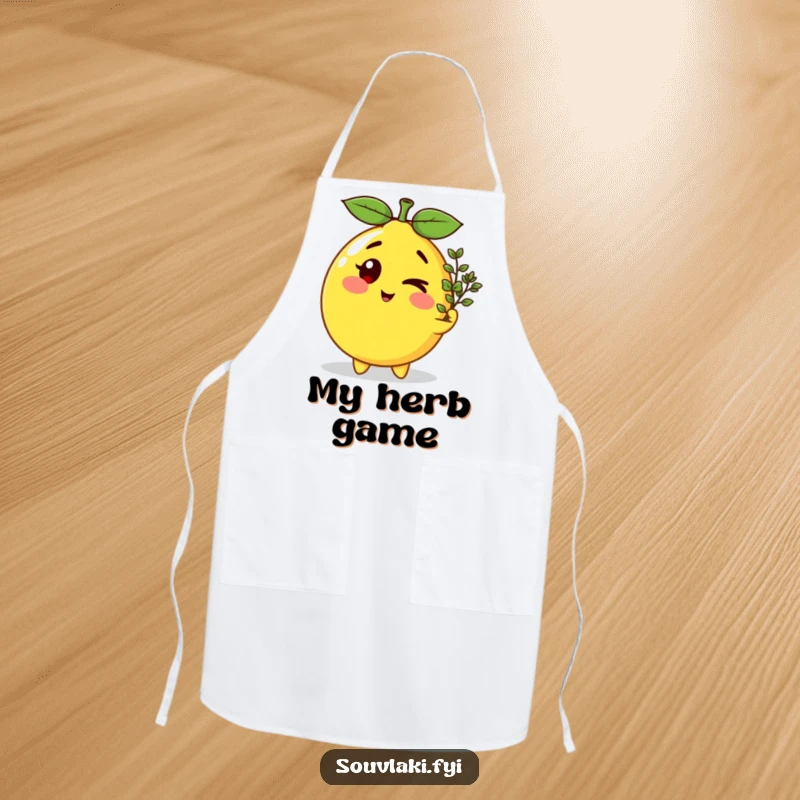 Funny winking lemon character offering oregano, printed on a durable kitchen apron, adding humor to cooking.