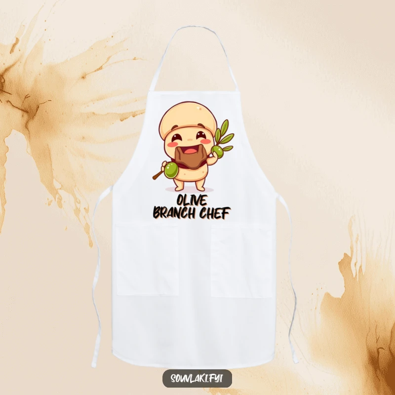 Funny Souvlaki Apron featuring a souvlaki offering an olive branch while cooking, a humorous kitchen essential.