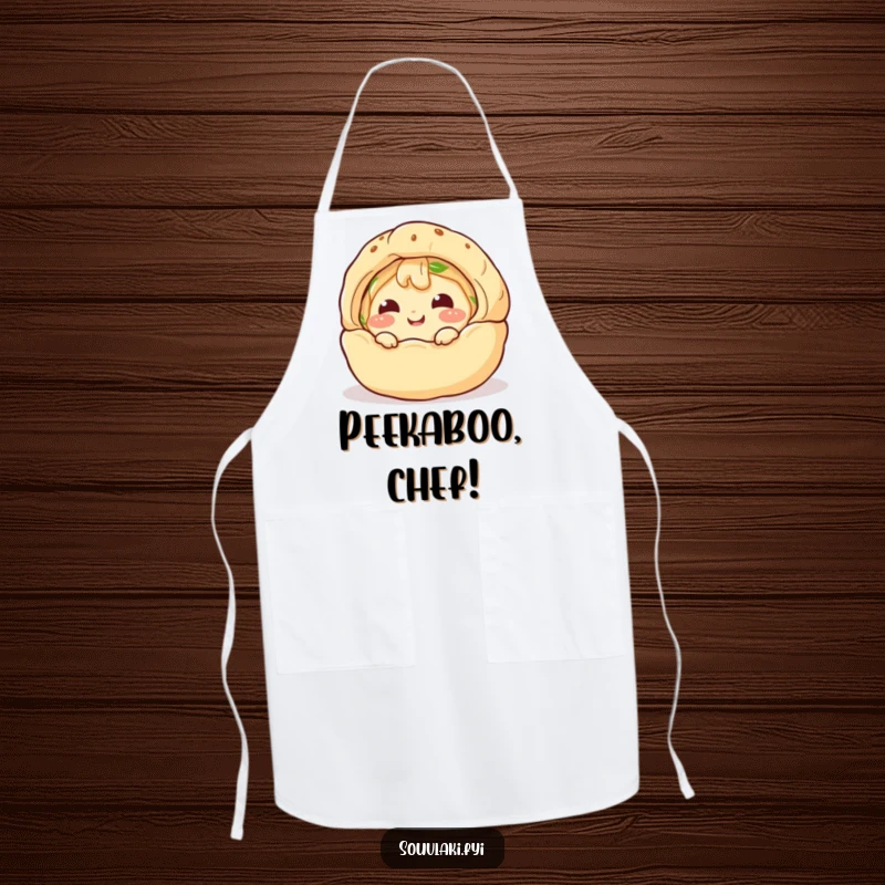 Funny Apron: A giggling spanakopita character comically peeks from a puff pastry shell, adding humor to your kitchen adventures.