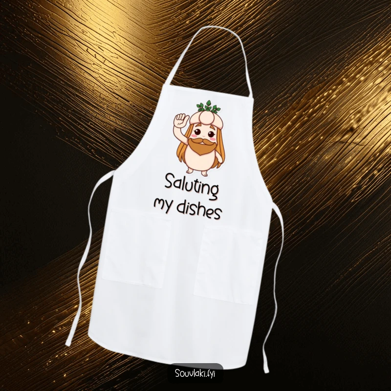 Funny apron showing a souvlaki saluting with a laurel wreath, designed for patriotic chefs with humor.
