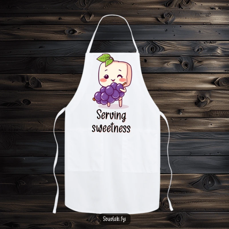 Funny Souvlaki Skewer Sweet Chef Apron: A blushing souvlaki skewer shyly offers a grape while cooking.