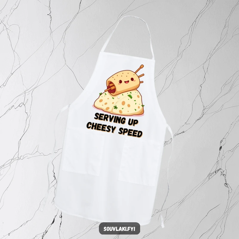 Funny souvlaki character joyfully sliding down a feta cheese hill, a comical and practical apron for culinary adventures.