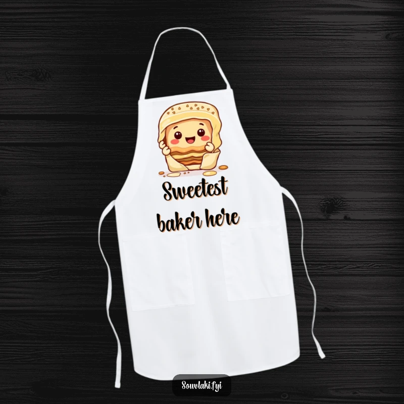 Funny happy baklava character peeling layers with a smile, printed on a durable kitchen apron.