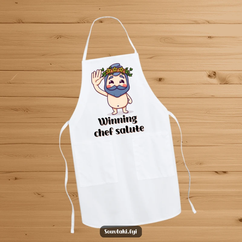 Funny Souvlaki Apron with a proud souvlaki saluting with a tiny laurel wreath, a humorous and protective kitchen wear.