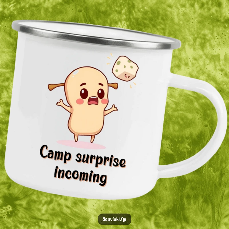 Funny Camping Mug: Souvlaki character comically surprised by a flying feta cube in nature.