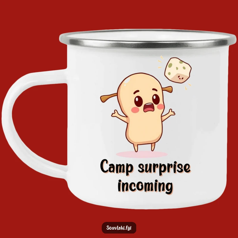Funny Camping Mug: Surprised Souvlaki and Flying Feta