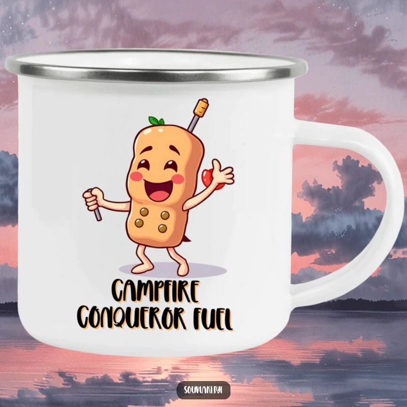 Funny Souvlaki Camping Mug: A proud skewer character dances triumphantly, perfect for enjoying drinks around the campfire with culinary cheer.