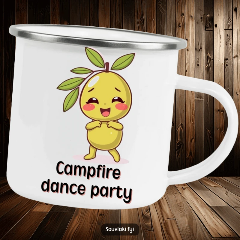 Funny olive camping mug depicting a giggling character performing a silly dance, perfect for outdoor enthusiasts who love fun.