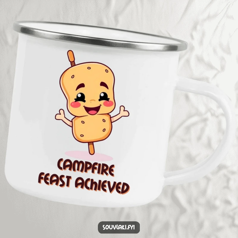 Funny souvlaki skewer camping mug with a smiling character giving a proud wink, rugged and humorous funny gift.