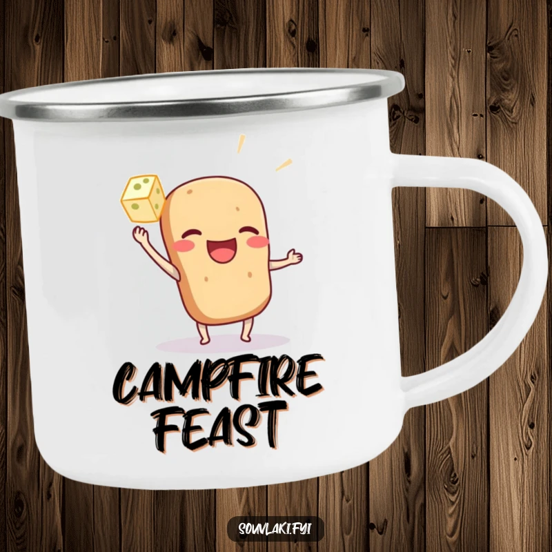 Funny souvlaki character camping mug playfully tossing a feta cube, ideal for durable outdoor food adventures.